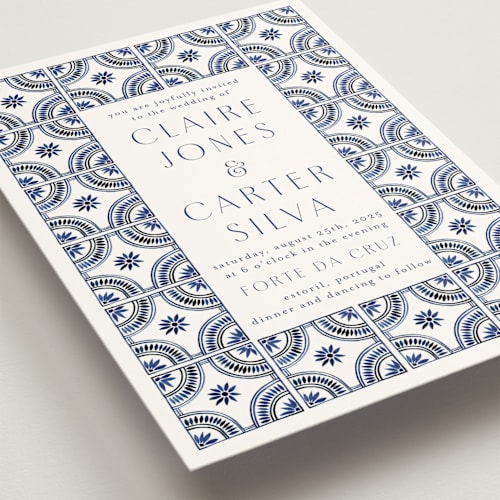 This is a cobalt wedding invitations with standard by Katharine Watson called watercolor tile printing on signature in standard