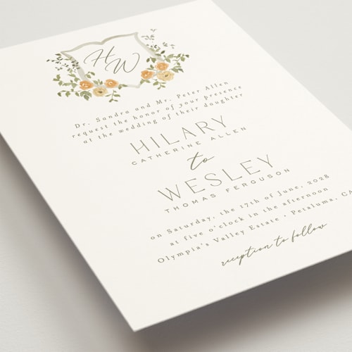 This is a apricot wedding invitations with standard by Everett Paper Goods called roses crest printing on signature in standard