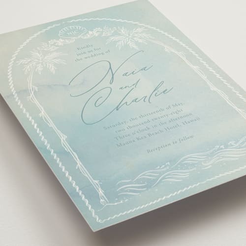 This is a aquatic wedding invitations with standard by Sabrin Deirani called ocean dreams printing on signature in standard