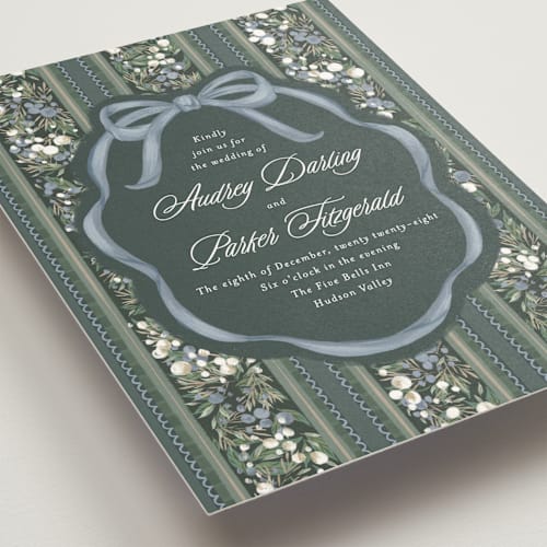 This is a juniper wedding invitations with standard by Jackie Crawford called holiday ribbon printing on signature in standard