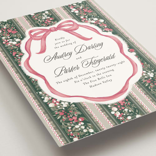 This is a peony wedding invitations with standard by Jackie Crawford called holiday ribbon printing on signature in standard