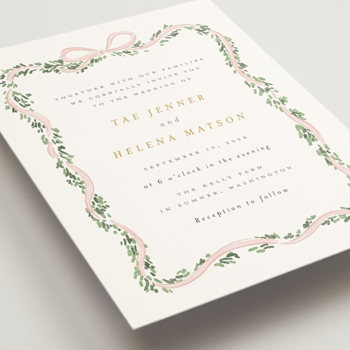 This is a blush wedding invitations with standard by Itsy Belle Studio called ribbonly frame printing on signature in standard