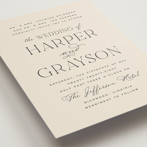 This is a creme wedding invitations with standard by Carly Reed Walker called tendu printing on signature in standard