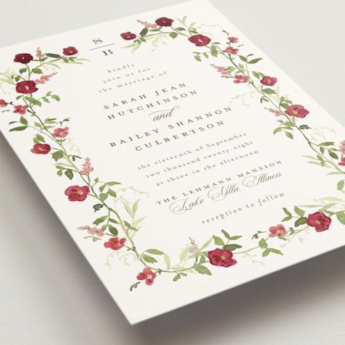 This is a cabernet wedding invitations with standard by Everett Paper Goods called wildflower trellis printing on signature in standard