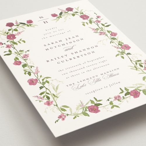 This is a mulberry wedding invitations with standard by Everett Paper Goods called wildflower trellis printing on signature in standard