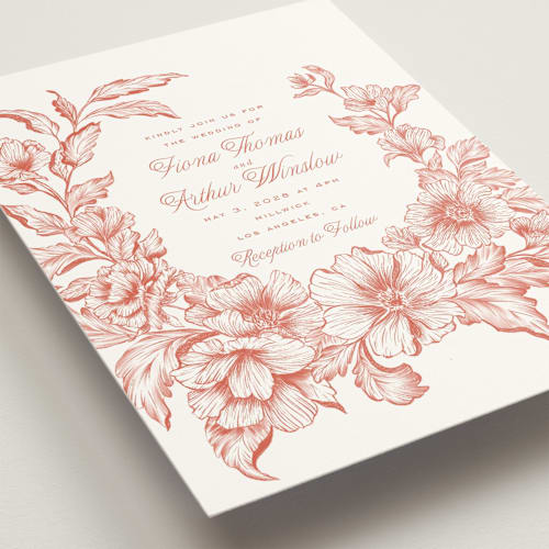 This is a sunset wedding invitations with standard by Leah Bisch called wreath in bloom printing on signature in standard