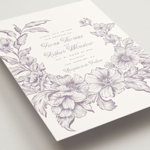 This is a lavender wedding invitations with standard by Leah Bisch called wreath in bloom printing on signature in standard