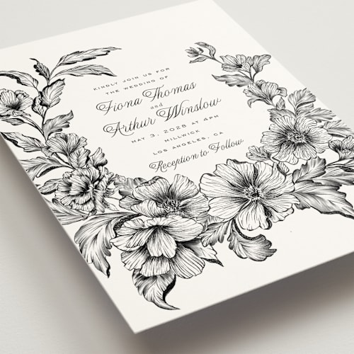 This is a tuxedo wedding invitations with standard by Leah Bisch called wreath in bloom printing on signature in standard