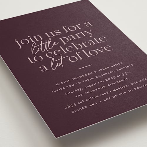 This is a merlot wedding invitations with standard by Jessica Corliss called little party big love printing on signature in standard
