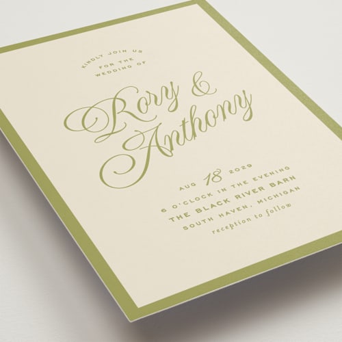 This is a olive wedding invitations with standard by Ellen Schlegelmilch called rory printing on signature in standard