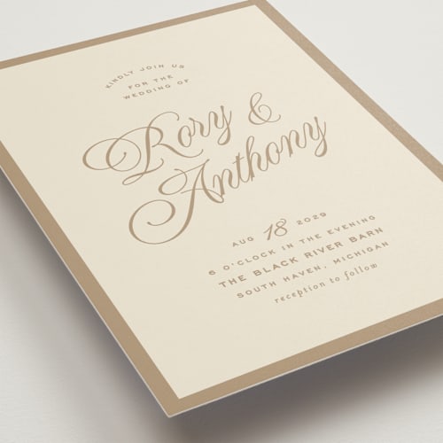 This is a champagne wedding invitations with standard by Ellen Schlegelmilch called rory printing on signature in standard