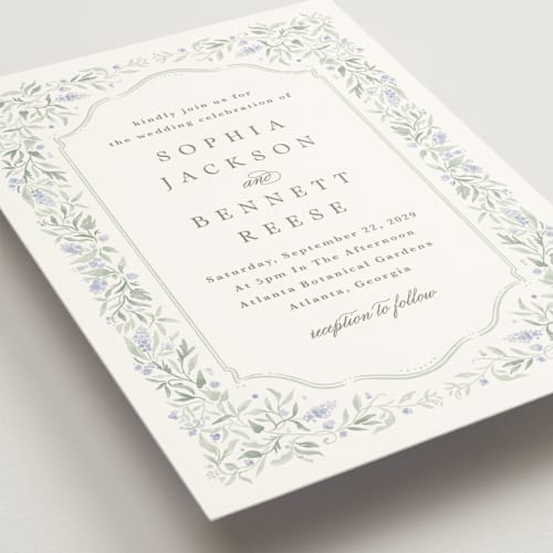This is a periwinkle wedding invitations with standard by Kristen Smith called delicate vines printing on signature in standard