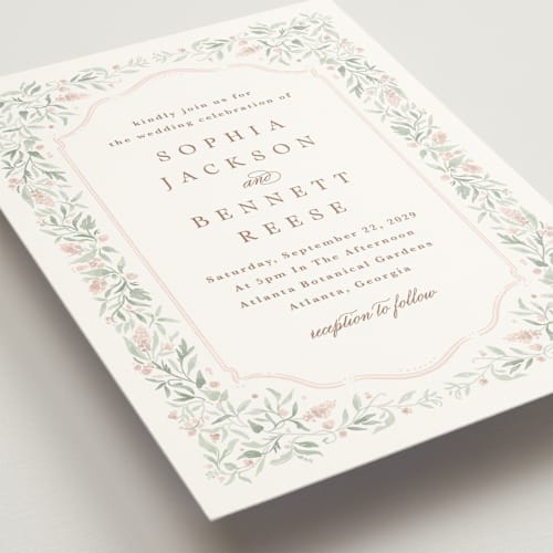 This is a blush wedding invitations with standard by Kristen Smith called delicate vines printing on signature in standard
