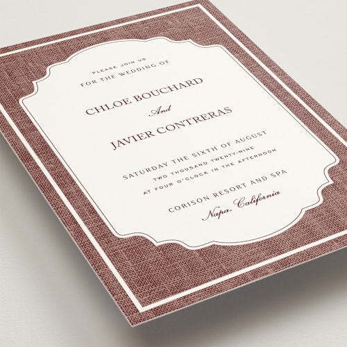 This is a chocolate wedding invitations with standard by Kelly Schmidt called summer linen printing on signature in standard