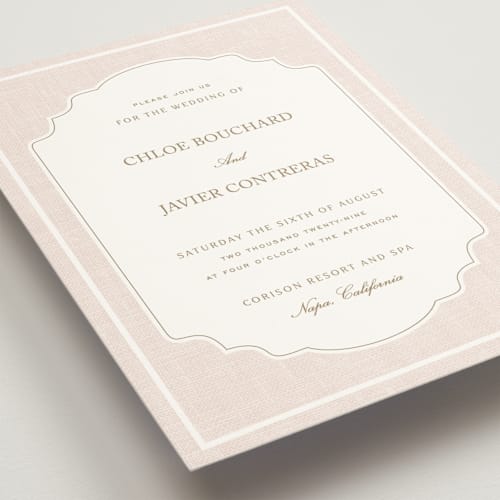 This is a blush wedding invitations with standard by Kelly Schmidt called summer linen printing on signature in standard