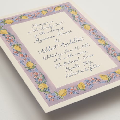This is a lavender wedding invitations with standard by Chris Griffith called amalfi coast wedding printing on signature in standard