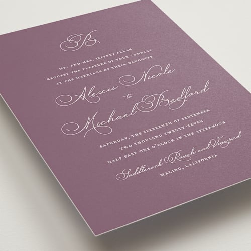 This is a lavender breeze wedding invitations with standard by Jennifer Postorino called initial printing on signature in standard