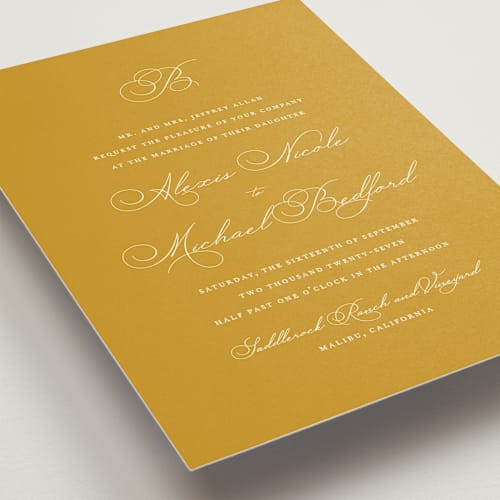 This is a mustard wedding invitations with standard by Jennifer Postorino called initial printing on signature in standard