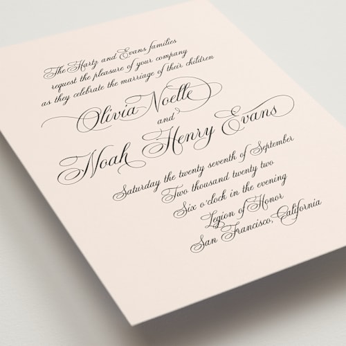 This is a blush wedding invitations with standard by Design Lotus called legacy printing on signature in standard