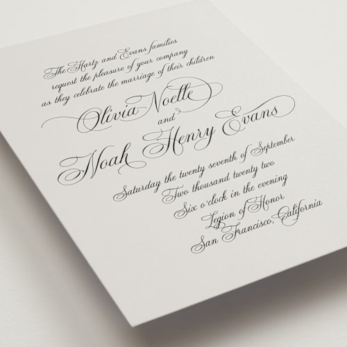 This is a pale smoke wedding invitations with standard by Design Lotus called legacy printing on signature in standard
