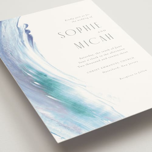 This is a lagoon wedding invitations with standard by Jennifer Wick called apogean tide printing on signature in standard