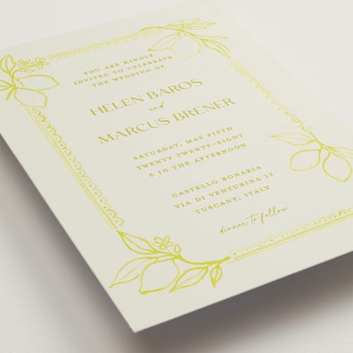This is a lemoncello wedding invitations with standard by Pati Cascino called mediterraneo printing on signature in standard