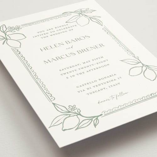 This is a sage wedding invitations with standard by Pati Cascino called mediterraneo printing on signature in standard