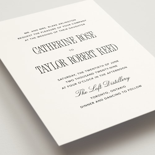 This is a silk wedding invitations with standard by Kelly Schmidt called formal minimalist printing on signature in standard