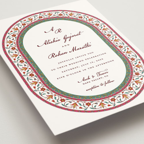 This is a porcelain wedding invitations with standard by Sherley Ferreira called mughal gardens printing on signature in standard