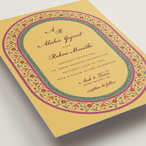 This is a mimosa wedding invitations with standard by Sherley Ferreira called mughal gardens printing on signature in standard