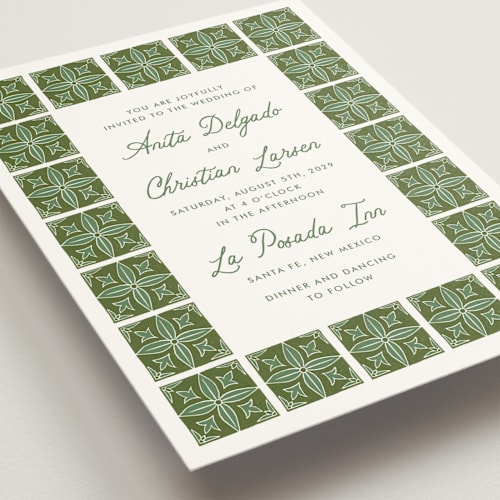 This is a sage wedding invitations with standard by Katharine Watson called block print tile printing on signature in standard