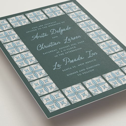 This is a mint wedding invitations with standard by Katharine Watson called block print tile printing on signature in standard