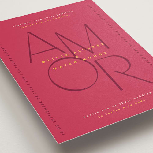 This is a caliente wedding invitations with standard by Owl and Toad called amor printing on signature in standard