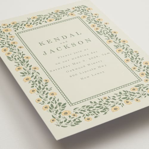 This is a mustard wedding invitations with standard by Baumbirdy called framed floral printing on signature in standard