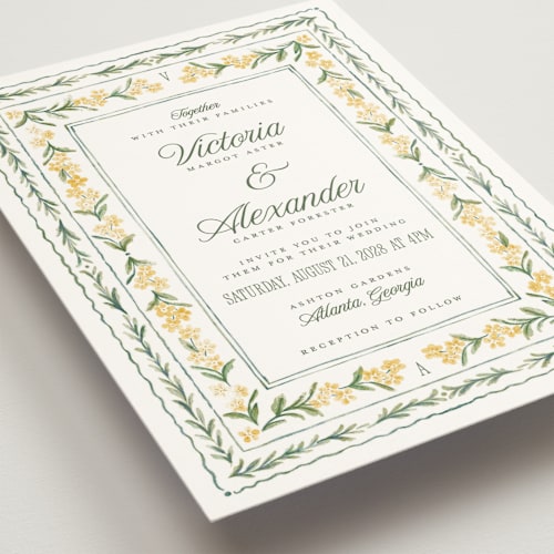 This is a buttercup wedding invitations with standard by Jenna Holcomb called vintage sketched printing on signature in standard