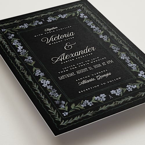 This is a midnight wedding invitations with standard by Jenna Holcomb called vintage sketched printing on signature in standard