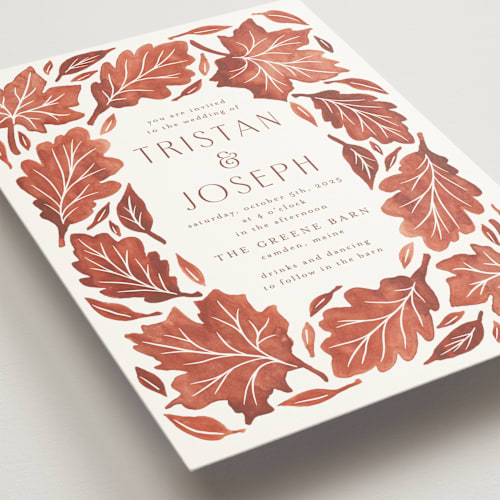 This is a copper wedding invitations with standard by Katharine Watson called watercolor fallen leaves printing on signature in standard