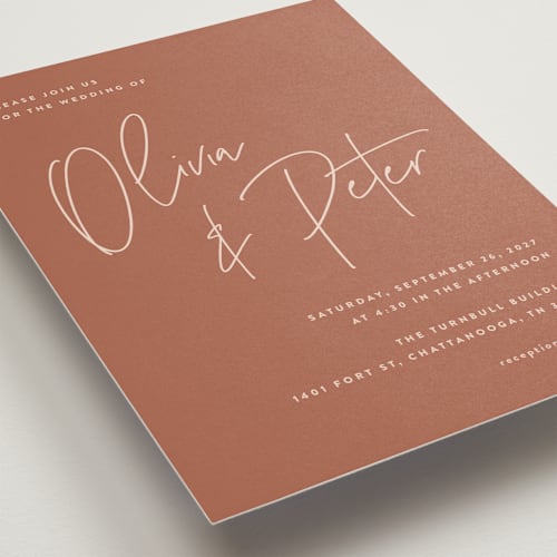This is a terracotta wedding invitations with standard by JoAnn Jinks called signed printing on signature in standard