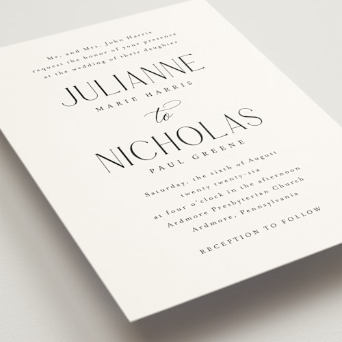 This is a snow wedding invitations with standard by Katherine Moynagh called bold elegance printing on signature in standard