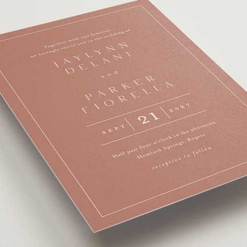 This is a dusty rose wedding invitations with standard by Stacey Meacham called warm affection printing on signature in standard