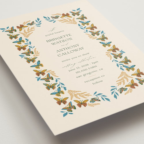 This is a sunset wedding invitations with standard by Jen Owens called flutter printing on signature in standard