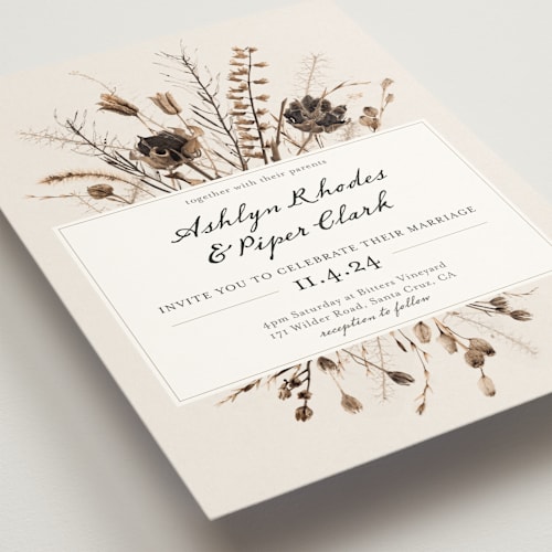 This is a taupe wedding invitations with standard by Honeybunch Studio called gone to seed printing on signature in standard