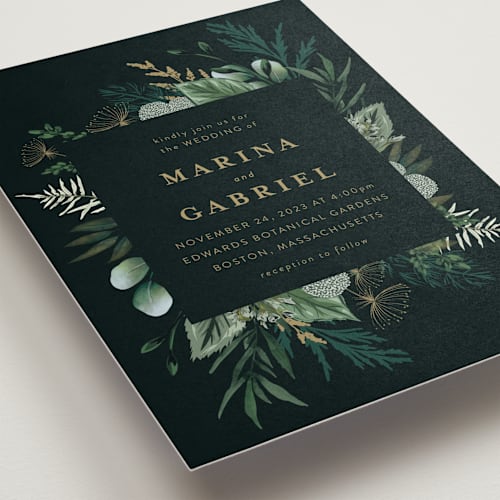 This is a emerald wedding invitations with standard by Susan Moyal called enchanted greenery printing on signature in standard