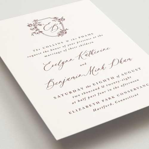 This is a passionate merlot wedding invitations with standard by Design Lotus called close to my heart printing on signature in standard