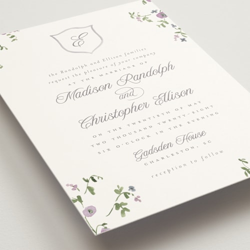 This is a wisteria wedding invitations with standard by Everett Paper Goods called wildflower corners printing on signature in standard