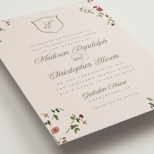 This is a garnet wedding invitations with standard by Everett Paper Goods called wildflower corners printing on signature in standard