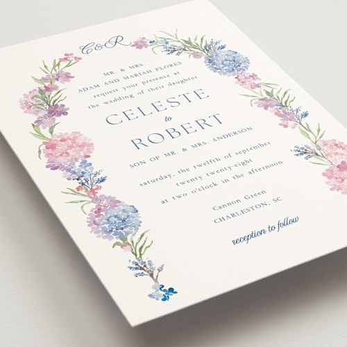 This is a cancun wedding invitations with standard by Claudia Orengo called hydrangea printing on signature in standard