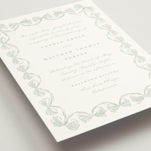 This is a sage wedding invitations with standard by Leah Bisch called bow frame printing on signature in standard