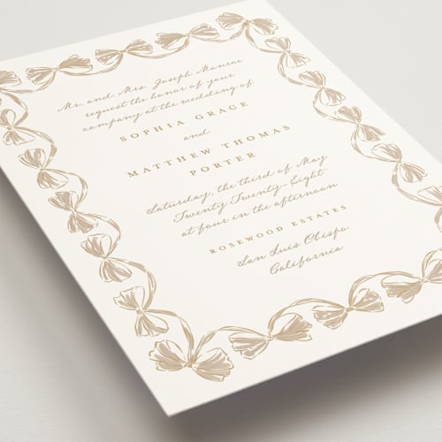 This is a latte wedding invitations with standard by Leah Bisch called bow frame printing on signature in standard