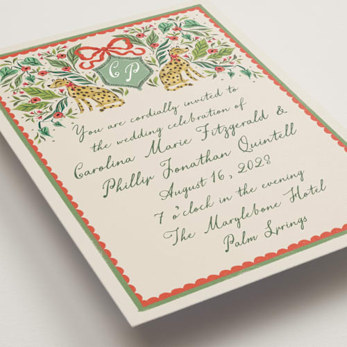 This is a tomato wedding invitations with standard by Jackie Crawford called whimsical hand illustrated crest printing on signature in standard
